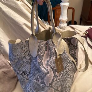 BCBG Reversible Snake Print Tote in Cream and Gray with short and long handles